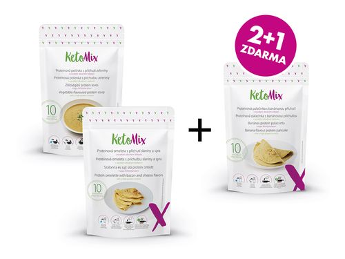 KetoMix Mix balíček 2+1 ZDARMA (polévka s příchutí zeleniny, omeleta se sýrovou příchutí + palačinka s banánovou příchutí)