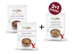 Balíček hlavních jídel 2+1 ZDARMA (těstoviny chilli sin carne, bolognese + rizoto se sýrovo-houbovou příchutí)